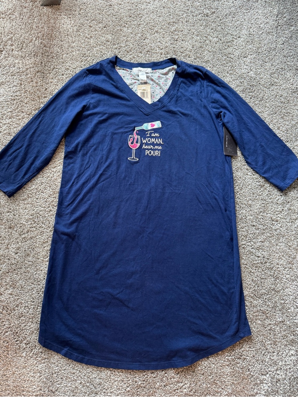 Rene Rofe Navy Women's V-Neck Nightshirt with Wine Glass Embroidery